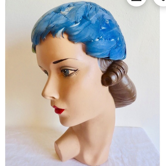 VTG 1950s Blue Feather Cloche Cocktail Hat - Picture 3 of 7
